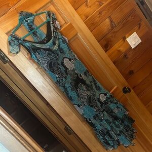 Ash Teal Floral Maxi Dress with Ruffle Hem